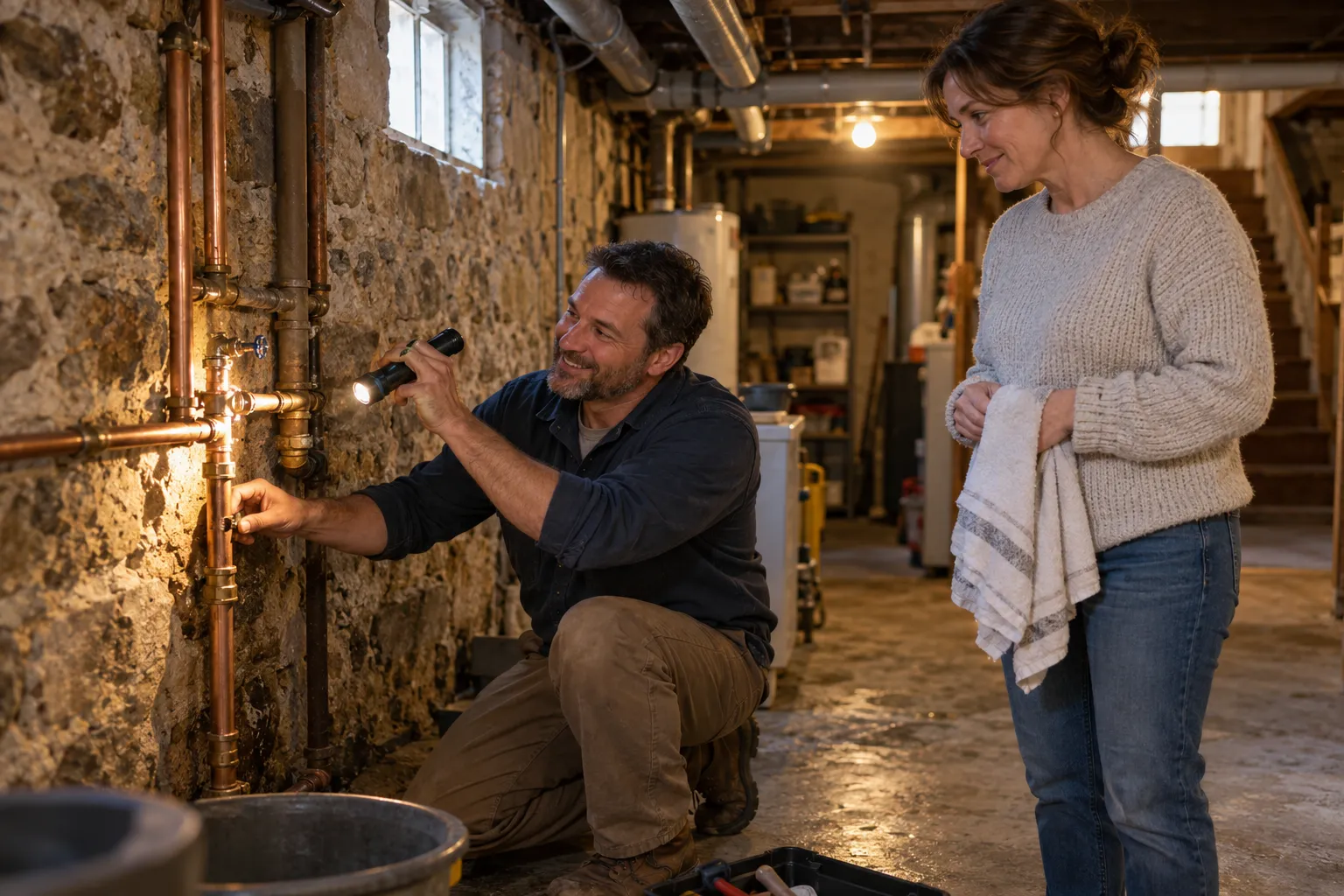 A friendly local plumbing provider checking a pipe under a basement ceiling with a homeowner in Kinnelon