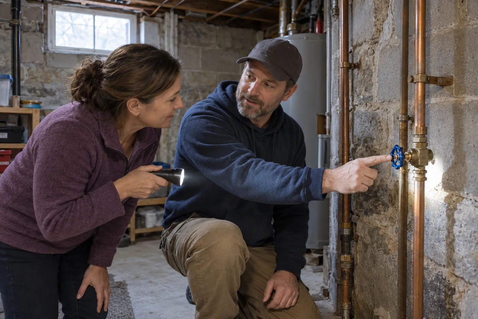 A plumber checking a basement shutoff valve in a the Kinnelon area home